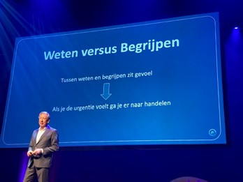 Jan Rotmans voor een scherm met Weten versus Begrijpen